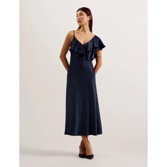 Ted Baker NWT KEOMI Navy Waterfall Ruffle Satin Bias-Cut Midi Dress Size 2 - Picture 1 of 13